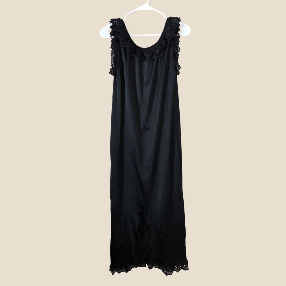 Vintage Saks Fifth Avenue Black Lace Trim Slip Dress Size Large Maxi Whimsigoth